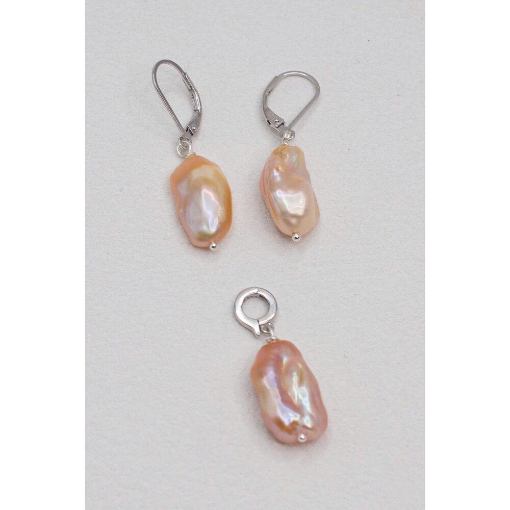 Peach Pink Keshi Pearl Earrings Pendant Set Sterling Silver
